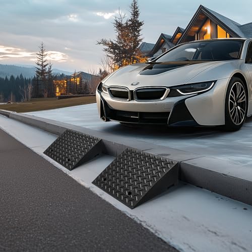 VEVOR Bordsteinrampe für Einfahrten, Schwellenrampe 3175 kg Tragkraft, 18 cm Höhe, Übergangsrampe mit Ablauftank für Rollstühle, Kinderwagen, Motorräder, Autos, Rasenmäher & Anhänger, 2er-Pack