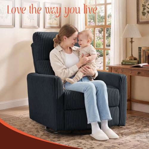 Image of Korser 360 Swivel Glider Rocker Manual Recliner, High Back Corduroy Recliner with Curved Armrests, Dark Grey Nursery Rocking Reclining Chair for Living Room Bedroom Adults