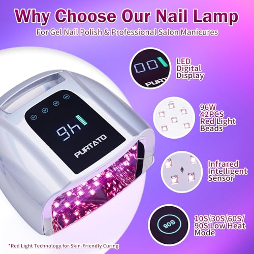 Image of PURTATO Professional Rechargeable 96W UV LED Portable Cordless UV Light for Nail Lamp Machine with Removable Stainless Steel Bottom,4 Timer Setting and Smart Sensor Nail Dryer (Plating Silver)