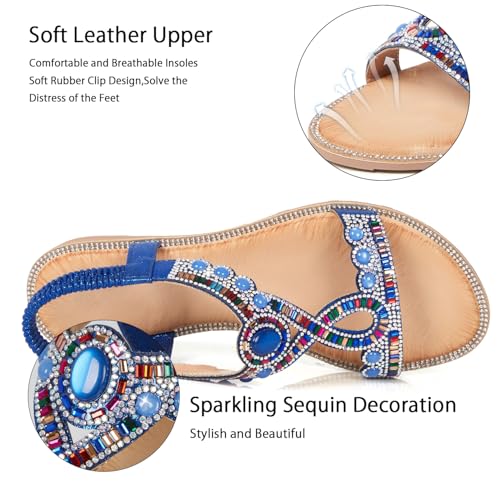 Image of iCKER Womens Rhinestone Strappy Flat Sandals Elastic Ankle Strap Open‑Toe | Sparkling,for wedding,party,evening dates,special occasion,Vacation,Formal