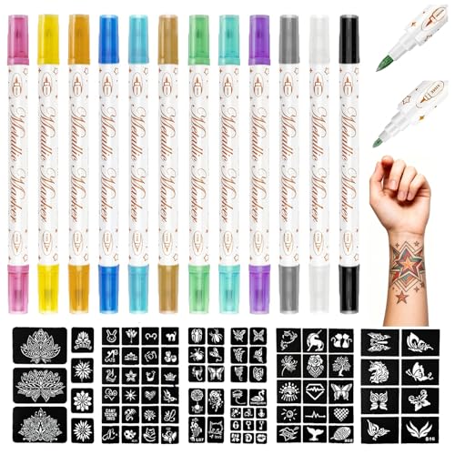 LEAYOKA Pennarelli per tatuaggi temporanei, 12 colori, 3 stencil, acquerellabili, sicuri per la pelle