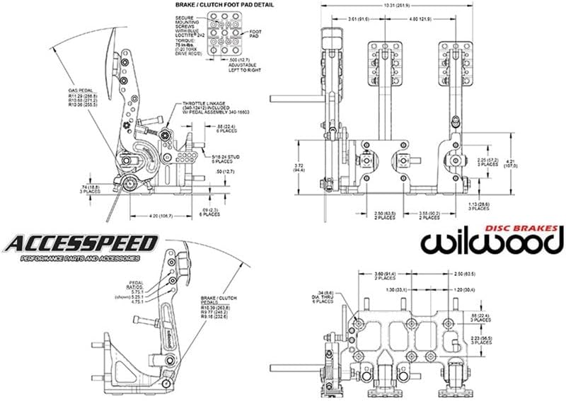 Miniatura 2 de Wilwood 340-16602 Relación ajustable 4.75-5.75 Montaje en el piso Embrague de freno y pedales del acelerador sin enlace del acelerador
