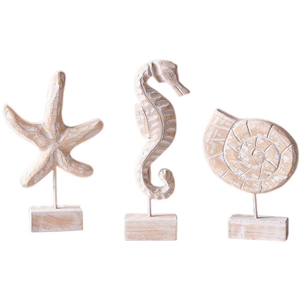 3PCS Mediterranean Starfish Conch Seahorse Statue Figurines, Wood Resin Desktop Crafts Office Ornament for Beach Home Decor