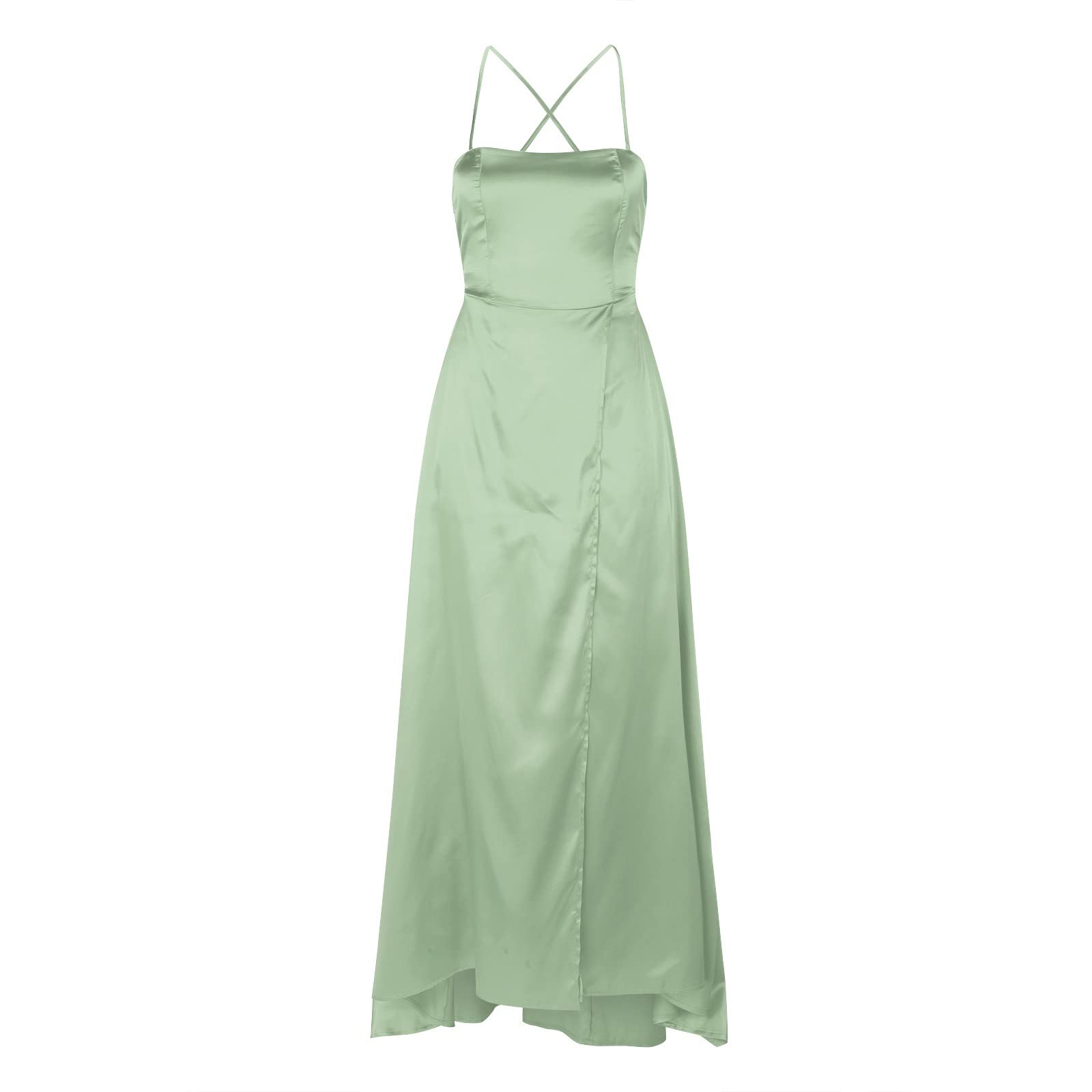 Pring - Vestidos sin espalda para mujer, de talle alto con bolsillos, de satén, para vacaciones, casual, de verano, a la moda, con tirantes delgados, sueltos, lisos, divididos, maxi, largo, modesto