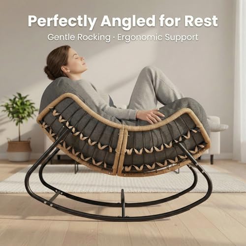 Image of SWITTE Outdoor & Indoor Rocking Chair - Rattan Wicker Lounge Chair, Patio & Garden Comfort - Modern Royal Grey