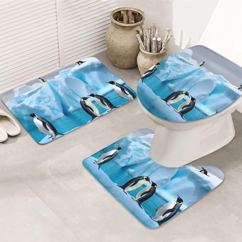 Dwrepo Penguins On The Iceberg Print Bathroom Rug Set 3 Piece with Non-Slip U-Shaped Contour Mat and Toilet Lid Cover for Bathroom Decoration