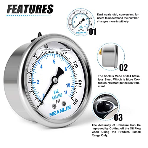 Image of MEANLIN MEASURE 0~160Psi Stainless Steel 1 /4 inch NPT 2.5 inch FACE DIAL Liquid Filled Pressure Gauge WOG Water Oil Air Center Back Mount, with 1 /2 inch NPT and 3 /8 inch NPT Hex Bushing