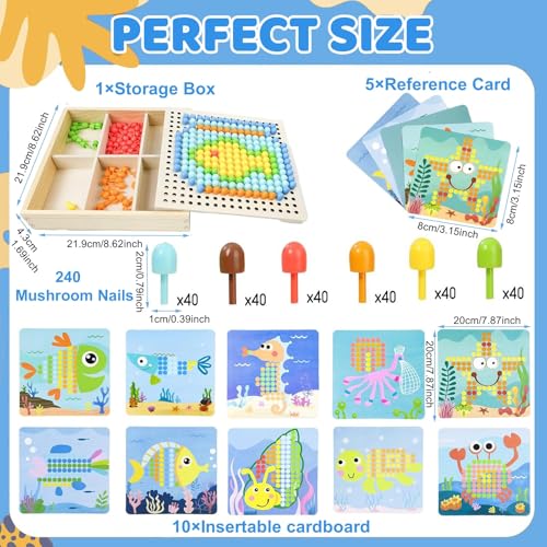 Giaonlgy Mosaik Steckspiel Kinder, Holz Farbe Steckspiel Mosaik Pegboard Gabelungen, Montessori Mosaik Steckspiel für 3 4 5 6 7 Kinder, Geschenke für Jungen & Mädchen (Ozean)