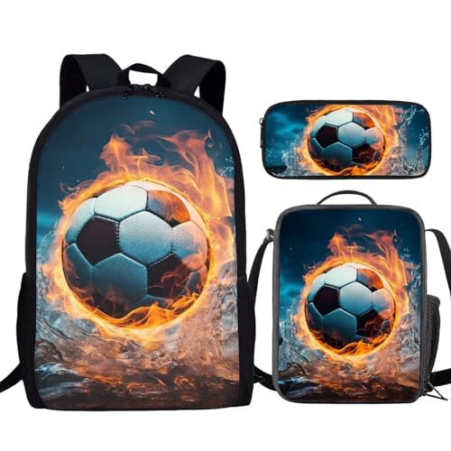 3PCS Flame Water Soccer Backpack for Boys Cool Lightweight Bookbag and Lunch Box Set for Boys 17 Inch Large Capacity Teens School Bags 7 Years Old Casual Travel Daypack Rucksack
