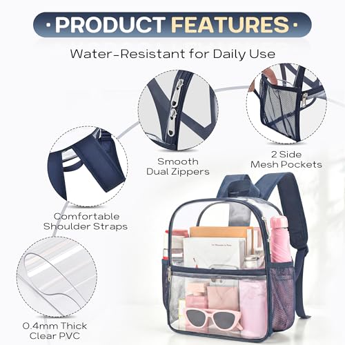 Image of Oraben Clear Backpack Stadium Approved, 12 x 6 x 11 in, Small Transparent Backpack for Concerts, Sports Events, Festivals, Travel, Waterproof PVC, Adjustable Straps, Women Men