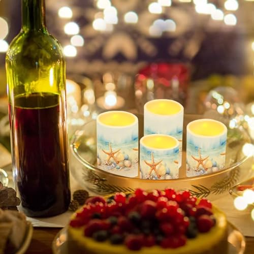 Image of Flameless Candles Battery Powered LED Candles with Remote Timer Color Changing Control Long Lasting for Indoor Outdoor Home Coastal Decoration Pack of 4, Starfish Seashell Painting