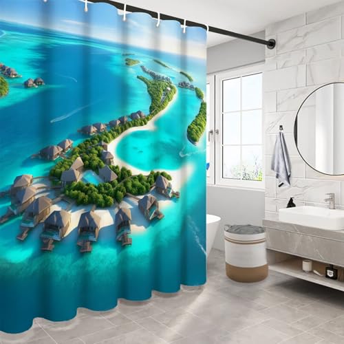 Rideau de douche plage et île en tissu polyester vert jade 180x180 cm - 4