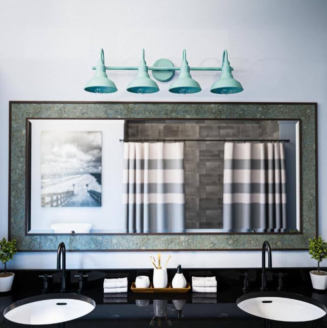 Image of Teal 4-Light Bathroom Vanity Light, Rustic Farmhouse Schoolhouse Design, Metal Bell Shades, Damp Rated, Dimmable E26 Fixture for Vanities, Hallways & Mirrors