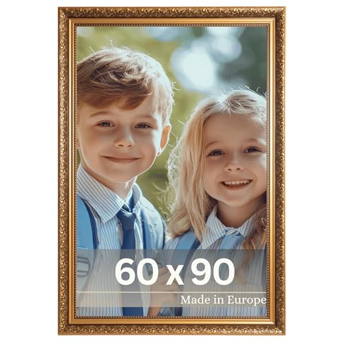 VictoR Marco de fotos barroco Rembrandt marrón y dorado, 60 x 90 cm (A1), listón: 58 x 41 mm, estilo vintage, con cristal acrílico irrompible, parte trasera de tablero de fibra de densidad media