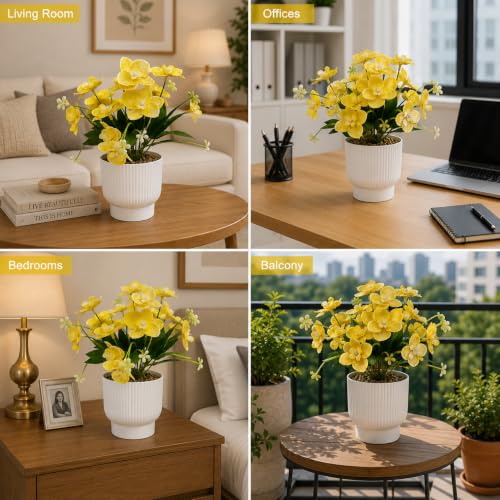 Image of CURATED CART Flower Pot with Artificial Flowers - Orchid Yellow Flower with White Vase | Ideal for Home Decor | Office Decor | Gifting | Size 25 x 15cm