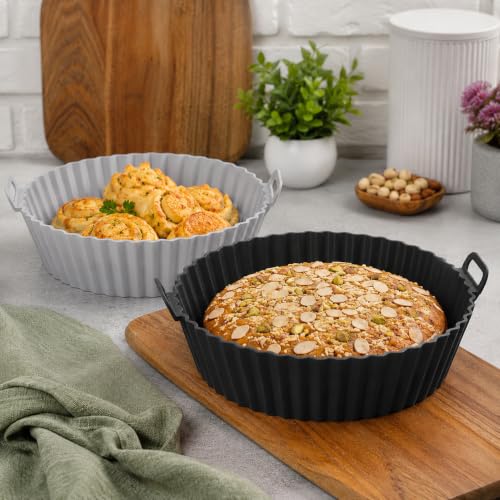 Image of Cutting EDGE Silicone Air Fryer Basket | Non Stick & Reusable Baking Tray | Round Liners with Ear Handles, Heat Resistant Oven Cooking Accessories (Set of 2, Black & Grey - Color)