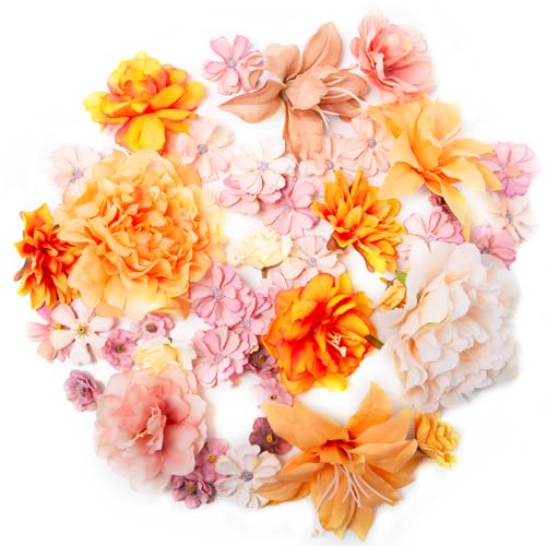 Keboyoe 46 Stück Kunstblumen zum Basteln, Mini Künstlich Blumen Deko, Klein Herbstblumen Blumenköpfe Orange, Kunstblumen Herbst Plastikblumen für Hochzeit DIY Basteln Tortendeko Party 3~8cm