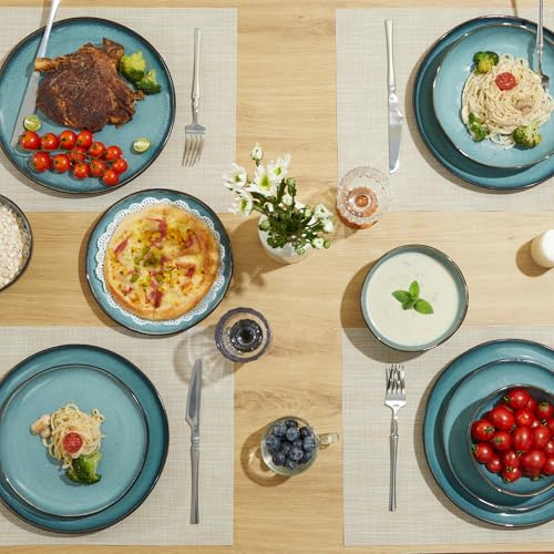 Image of Pokini 32 Piece Dinnerware Set for 8 with Pasta Bowls, Green Black Reactive Glaze Stoneware | All‑in‑One Host Set for Entertaining, Holiday Meals, Multi‑Course Dinners | Unique Irregular Coastal Look