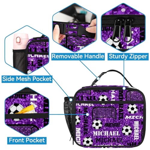 Custom Name Soccer Backpack for Women Men with Lunch Box, Personalized Sport Bag with Lunch Bag, Daypack for Travel Camping, Glitter Purple3