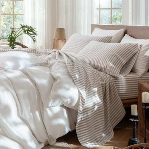 Image of MooMee Striped Sheet Set 100% Washed Cotton Linen Like Queen | Relaxed Linen-like Texture. Soft, Breathable & Lightweight Comfort. 15-19 inch Extra Deep Pocket with All-around Elastic