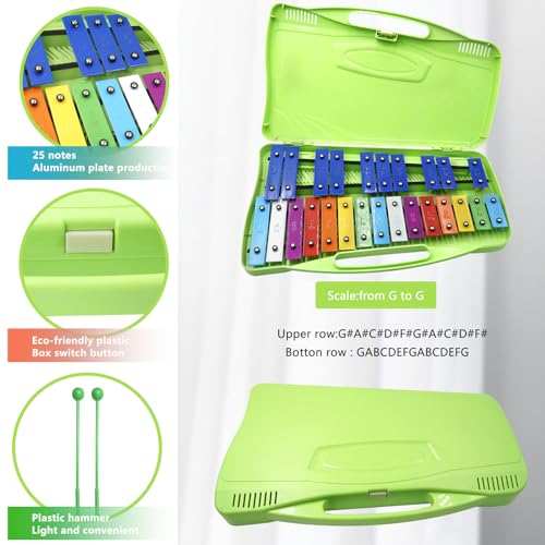 Image of Soulmate Kids Xylophone with Case Two Safe Mallets Professional Percussion Glockenspiel Instrument, Music Teaching, Perfectly Tuned 25 Notes Xylophone for Kids Gifts (Green)