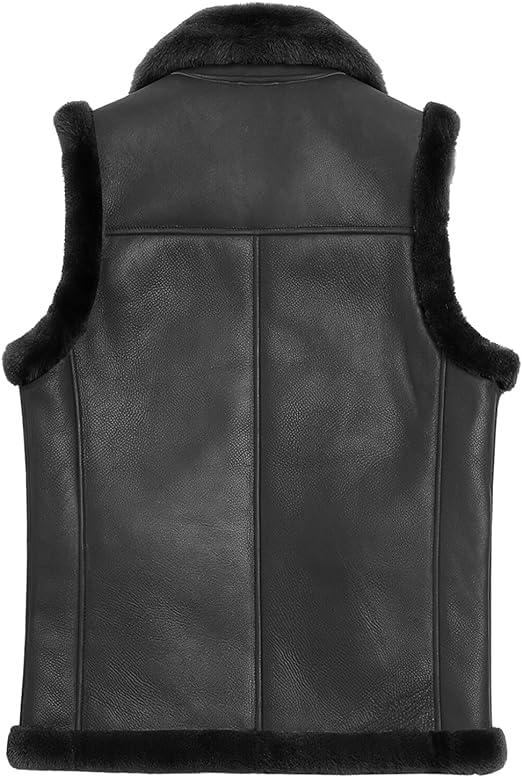 Men's Genuine Sheepskin Faux Fur Lined Vest Winter Warm Thick Shearling Sleeveless Leather Waistcoat2
