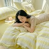 布団カバーセット insストライプ 両面使えるシンプル寝具カバー 洋式・和式兼用 シングル 3点セットセミダブル ダブル4点セットふとんカバー boxシーツ 寝具カバーセット ボックスシーツ ベッド用 敷き布団用 肌に優しい 柔らか 丸洗いOK 安心 清潔 (イエロー, セミダブル-4点セット)