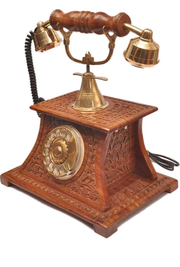 USMAN ARTWORK Decorative Telephone with Wooden Base, Corded Landline Telephone, Vintage Style Carving Work Sheesham Wood Telephone for Home & Office-image-10
