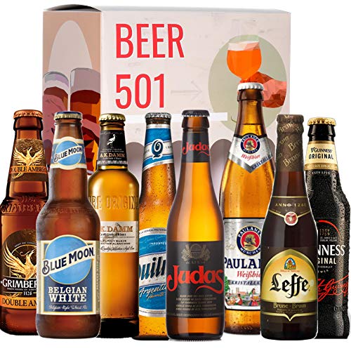 Pack de cervezas degustación BEER 501 - Caja INTERNACIONAL: Grimbergen, Blue Moon, A.K Damm, Quilmes, Judas, Paulaner, Leffe y Guinness I La mejor selección de cervezas para regalar y disfrutar.