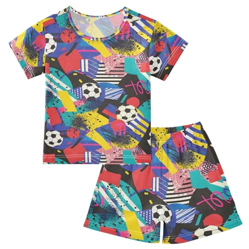 ALAZA Soccer Football Geometics Pajamas Set Short Sleeve Cotton Sleepwear Summer Pjs 2 Piece 5-14Y