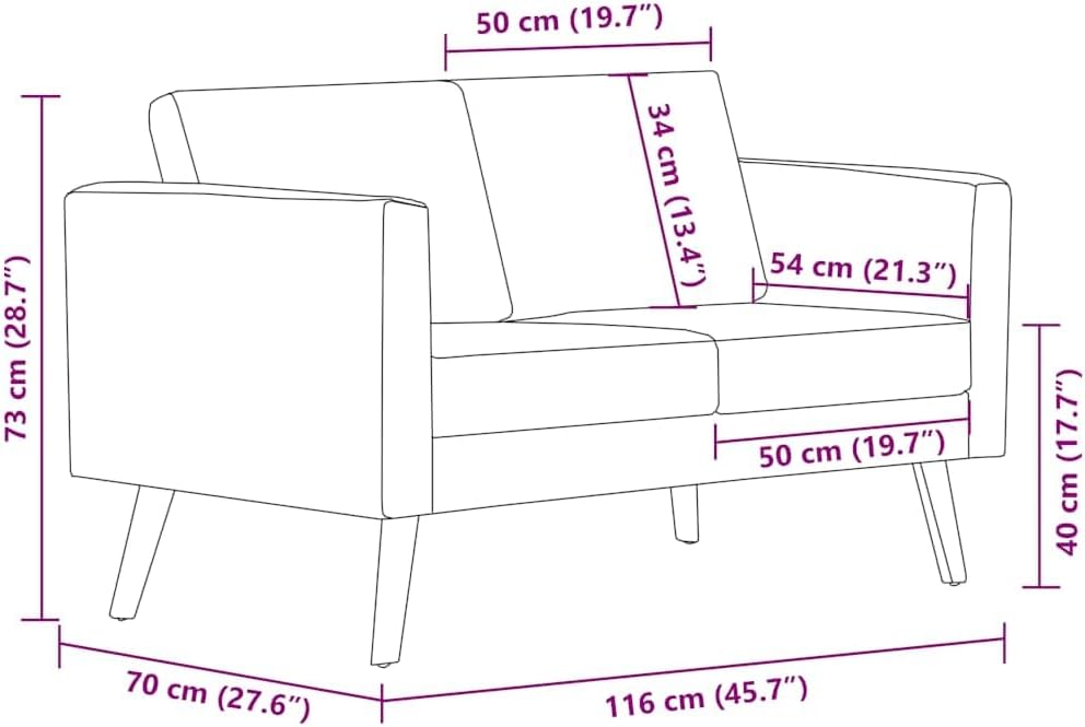 Diagram showing the dimensions of the vidaXL 2-Seater Sofa: 116 cm length, 70 cm depth, 73 cm height, 40 cm seat height, 50 cm seat depth, 50 cm back cushion width, 34 cm back cushion height, 54 cm armrest length.