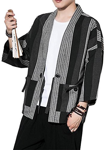 Men's Cotton Linen Retro Striped Kimono Cardigan Cloak Jacket 2XL (Black Striped, Medium)