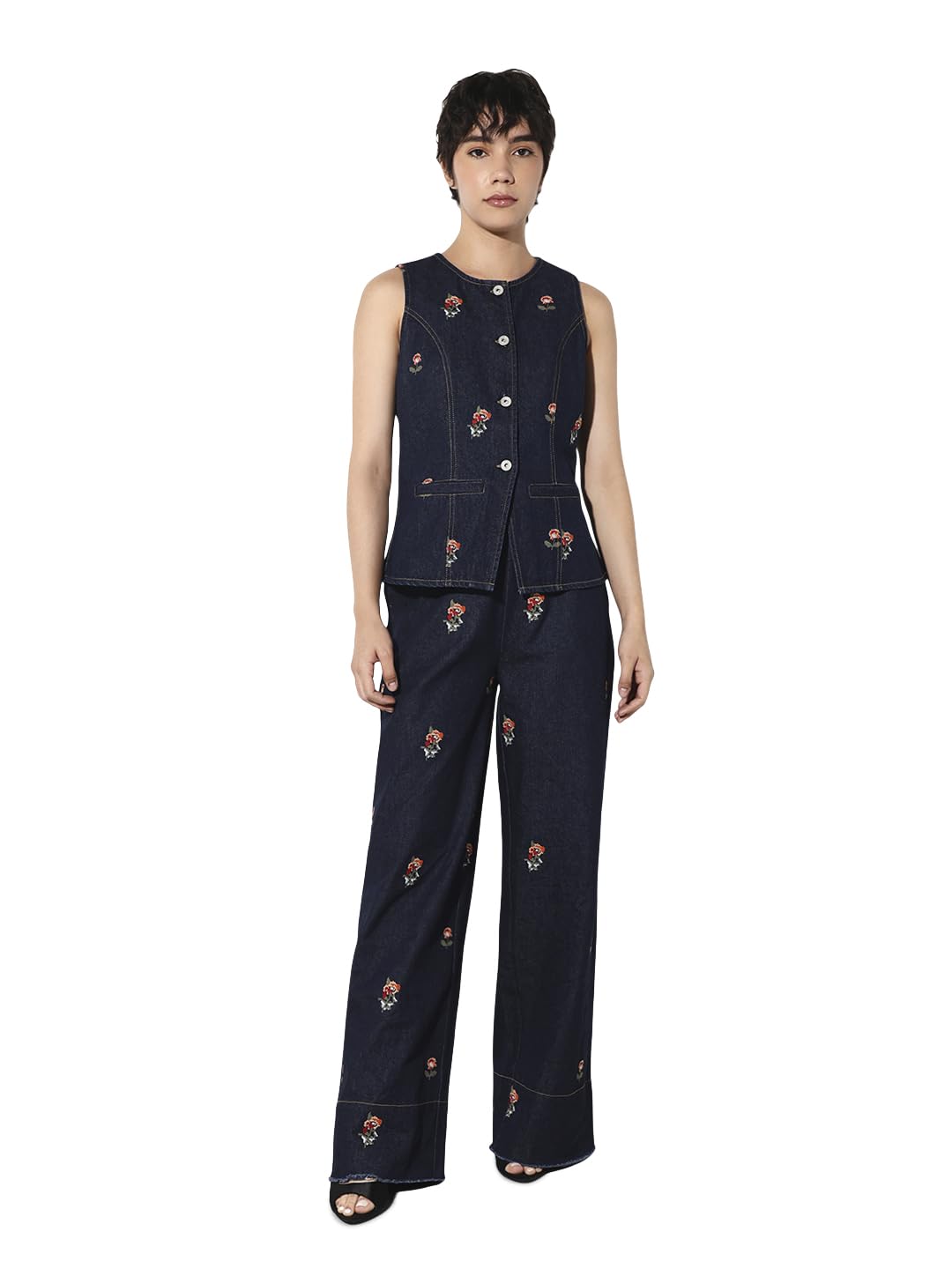 only Women's Embroidered Regular Fit Blue Waistcoat-picture-40