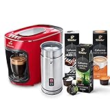 Tchibo Cafissimo mini Kaffeemaschine Kapselmaschine inkl. elektrischer Milchaufschäumer und 30 Kapseln für Caffè Crema, Espresso, Kaffee und Milchspezialitäten, Rot