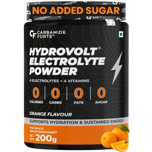 Image of Carbamide Forte Electrolytes Powder - 200g | Hydration Drink Mix with 5 Essential Electrolytes, 400mg Glutamine & Taurine | Electrolytes for Gym, Daily Hydration, Sports, Travel & Workout | Orange Flavour