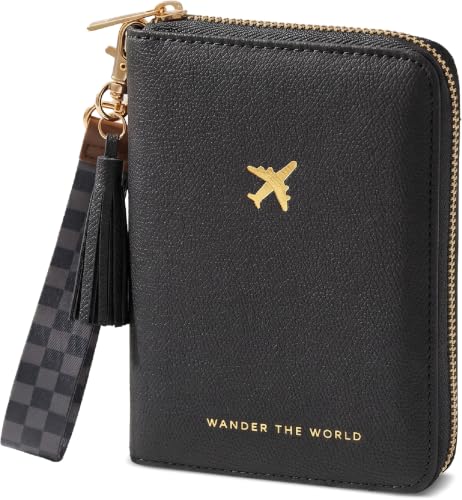 Image of Stylish Passport Holder for Travel with Detachable Wristlet Strap, Black, 6.4 x 4.6 x 0.7 inches, Modern | All-in-one Travel Wallet Organizer for Women - Secure Money Belt Alternative with Card Slots and Tassel Keychain
