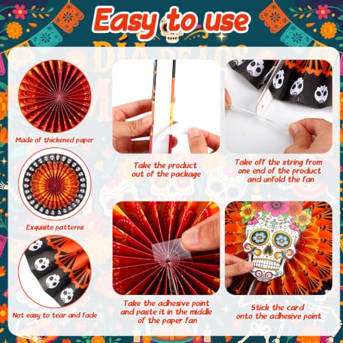 Image of Affrolling 24 Pcs / 12 Set Day of the Dead Party Decorations-Sugar Skull Hanging Paper Fans, Fiesta Party Flowers Fans for Dia De Los Muertos Mexican Carnivals Festivals Holiday