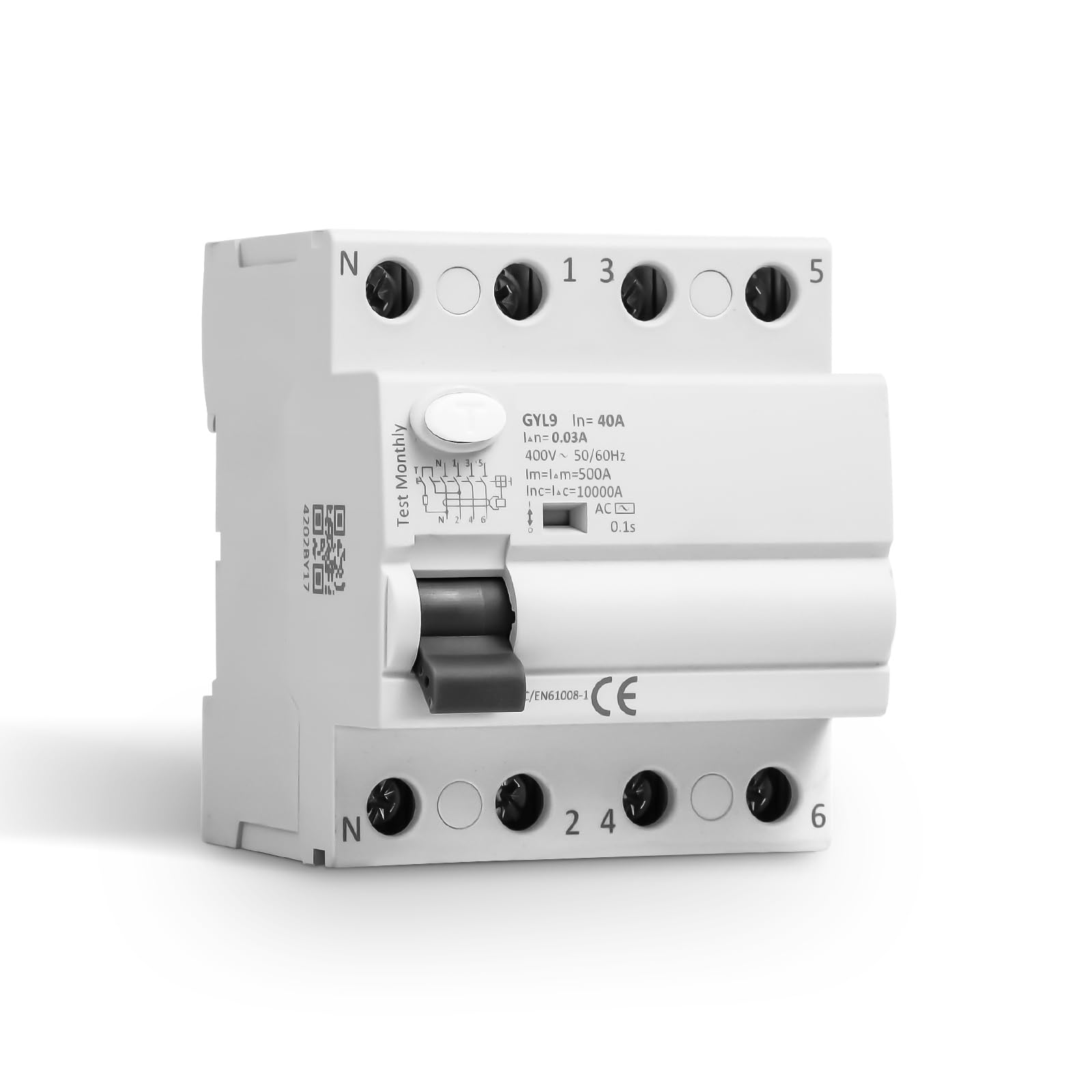 10KA Interruttore Elettromagnetico Differenziale 40A Salvavita 4P 30mA, Interruttore di Corrente Residua，Protezione Perdite Corrente, Ideale Residenze e Industrie, 415V Montaggio Guida DIN 35 mm