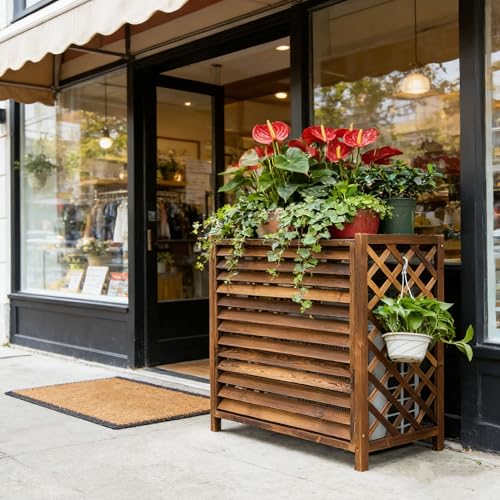 Klimaanlage Abdeckung Außengerät Holz Balkon Sichtschutz Holz Blumenständer Für Draußen Anti-Korrosion Wärmepumpe Abdeckung Massivholz...