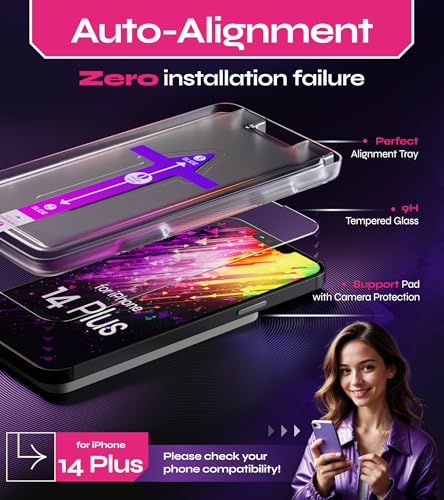 Image of Defenslim Screen Protector for iPhone 14 Plus (2Pack), Easy Auto-Align Install Kit, 6.7 inch Tempered Glass, 9H Hardness, Ultra HD Clear, Case Friendly, EasyShield