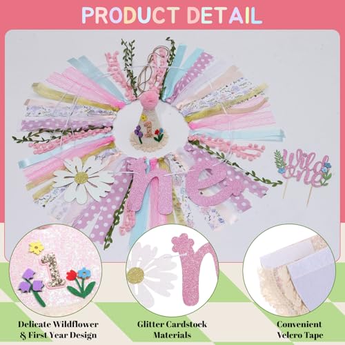 Image of Wild One Flower Highchair Banner for First Birthday Party Decorations | Pink Floral High Chair Tassel Banner for Girls Baby Shower Wildflower Fabric Banner One Birthday Backdrop Decorations