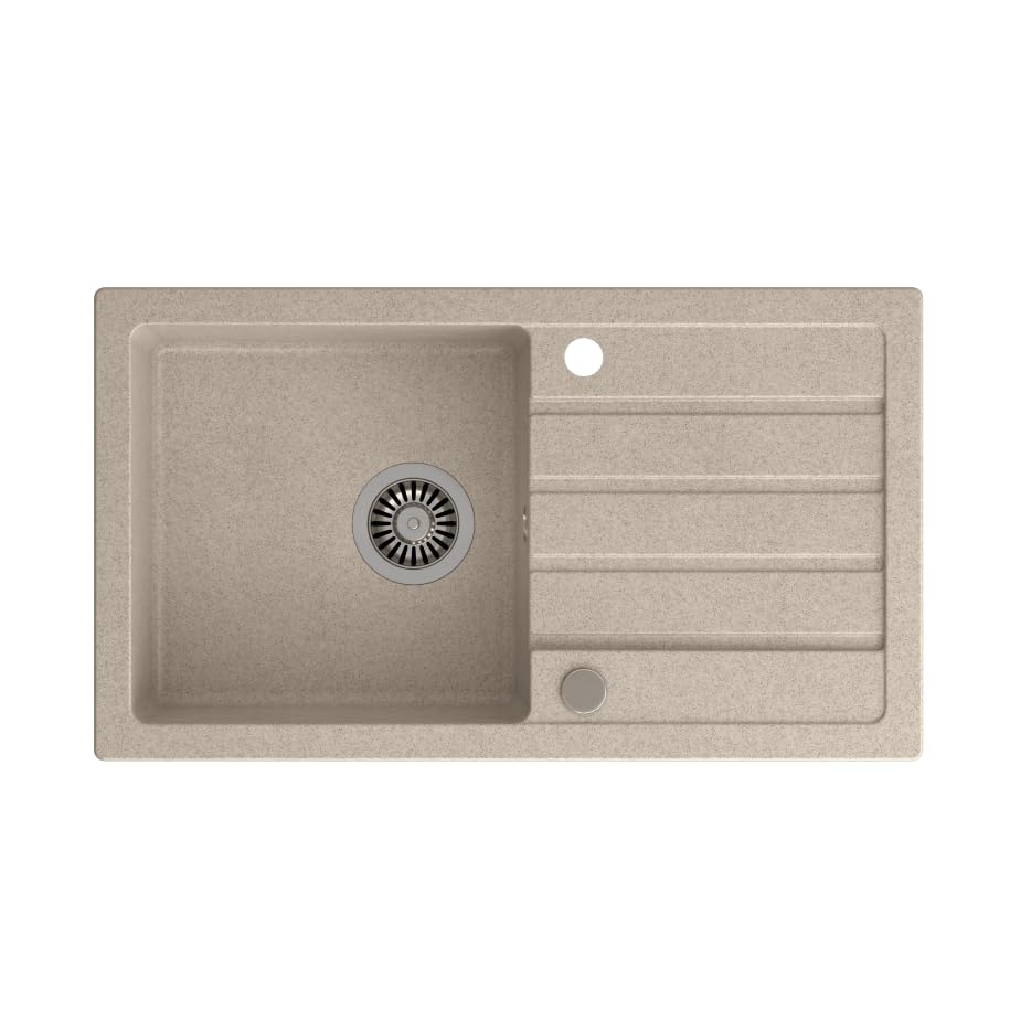 QUADRON Lavello da Cucina in Granito a vasca singola, dimensioni 77 x 44 x 17,5, colore: beige, JERRY 111 Lavello a vasca singola, Lavello in Granito, con sifone e scarico manuale