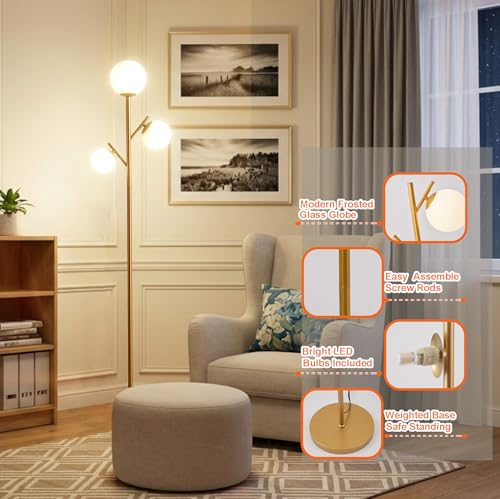 Image of Fiqevs 3 Globe Floor Lamp for Living Room, Mid Modern Standing Tree Lamp | 3000K Warm Light, 3 LED Bulbs Included, Orb Frosted Glass Shade contemporary Lamp for Bedroom /Office, Antique Brass /Gold
