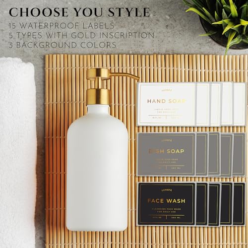 Glass Soap Dispenser Set of 2 (White) with Silicone Tray | Hand and Dish Soap Dispenser for Kitchen and Bathroom | 16.8 Oz Glass Bottles with Stainless Steel Pump & 15 Waterproof Labels (White/Gold) - image 5