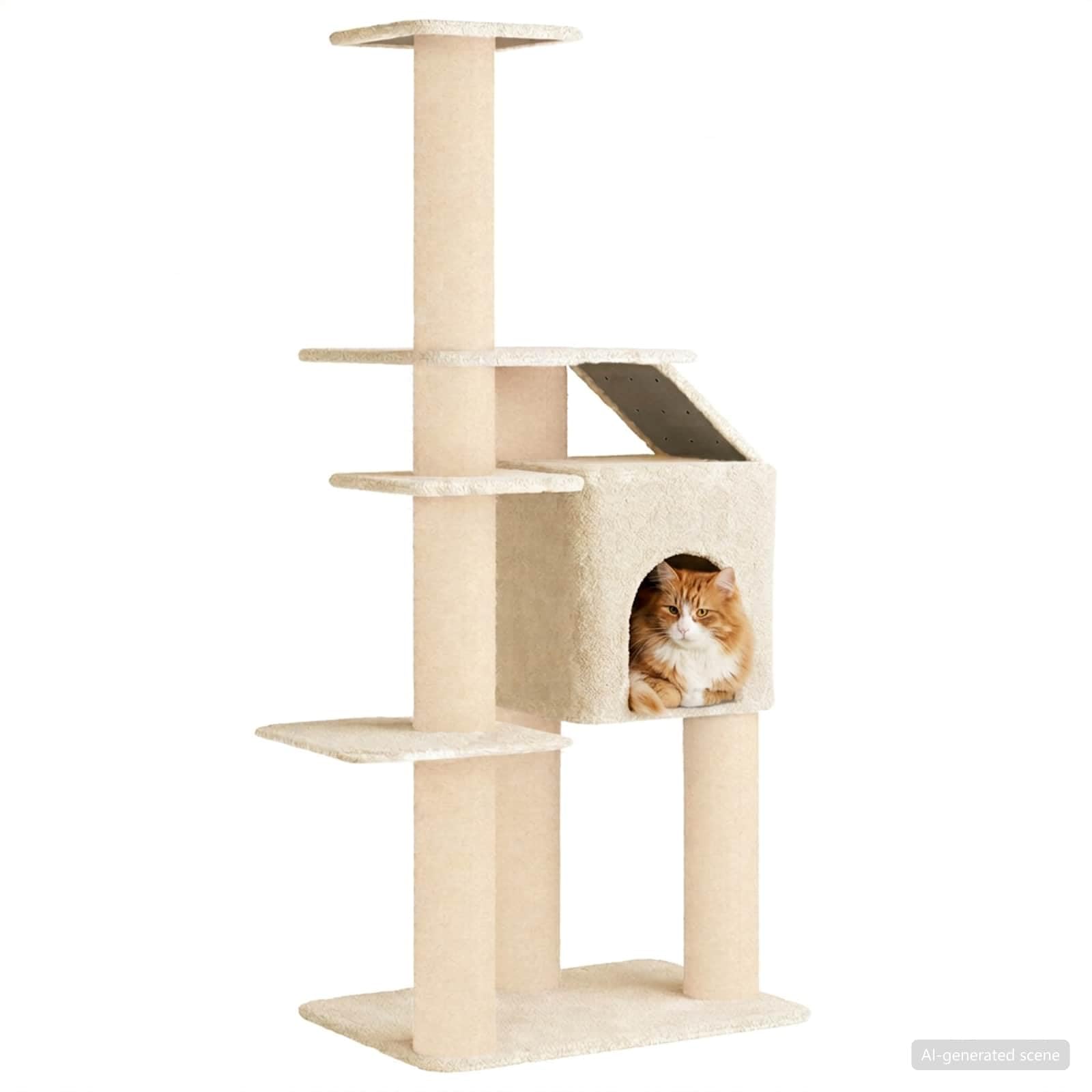 Árbol para gatos con columnas rascadoras de sisal, color crema, 183 cm de altura, muebles rascadores de varios pisos con cueva para gatos y superficies de descanso, árbol de escalada estable