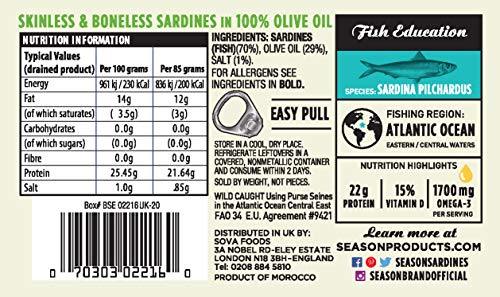 Skinny Kitchen - Sardines in Olive Oil, Wild Caught, 22g Protein, Keto Snacks, More Omega 3's Than Tuna, Kosher, High in