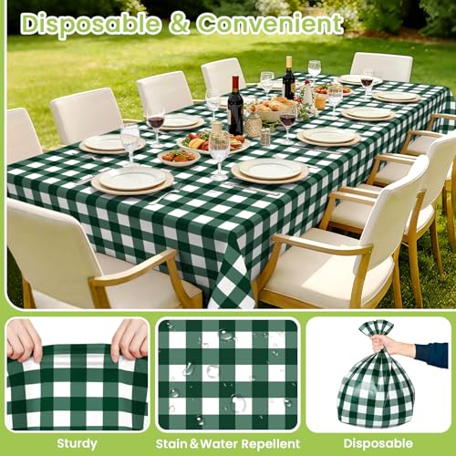 Image of Mulbozy Dark Green Gingham Tablecloth 4 Pack, 54 x 108 Inch Plastic Table Cloth Disposable, Green and White Checkered Table Cover for Party Supplies