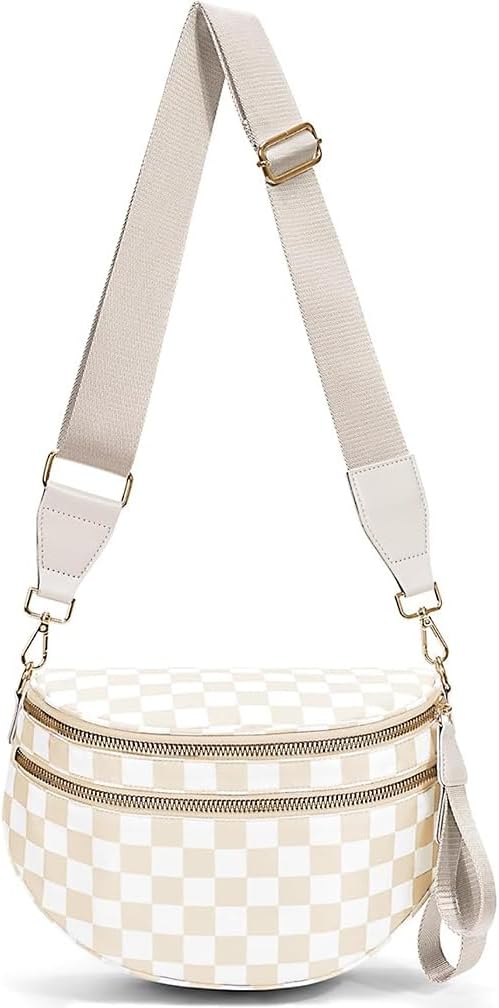 Checkered Crossbody Bag for Women - Nylon Bum Bag, Women's Crossbody Purse, Handbags, Sling Fanny Pack (Beige Checkered)