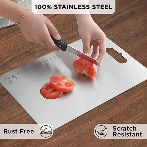 Image of Allo Premium Stainless Steel Chopping Board with Handle (31 x 21 cm) - Large Heavy-Duty Metal Cutting Board for Kitchen, Knife Friendly | Vegetable & Fruit Cutter SS Pad