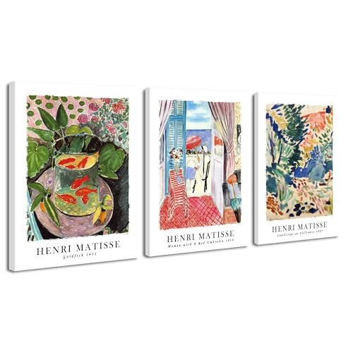 Wieco Art Canvas Wall Art Set of 3 Henri Matisse Aesthetic Posters Woman with A Red Umbrella Goldfish Landscape at Collioure Art Exhibition Matisse Prints for Home Decorations